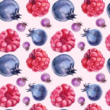 Seamless pattern watercolor blueberry, raspberry summer sweet food yogurt Stock Illustration