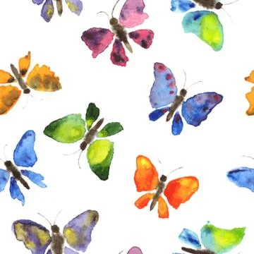 Seamless pattern of watercolor butterflies on white background. Stock Illustration