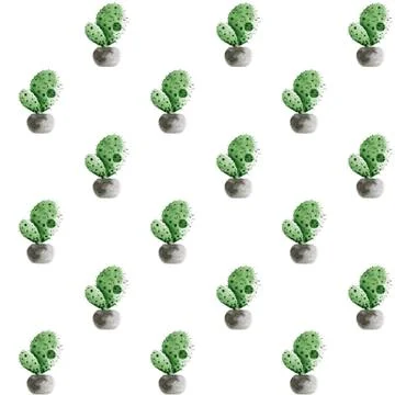 Seamless pattern with watercolor cactus in a pot. isolated on a white Stock Illustration