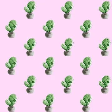 Seamless pattern with watercolor cactus in a pot. isolated on a pink Stock Illustration
