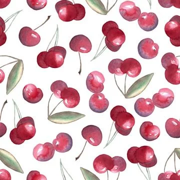 Seamless pattern of watercolor cherries elements, hand painted illustration Ilustração Stock