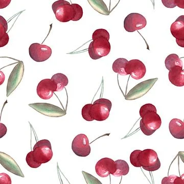 Seamless pattern of watercolor cherries, hand painted illustration on white Stock Illustration