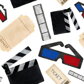Seamless pattern with watercolor cinema elements on white background.  Movie  Illustrazione stock