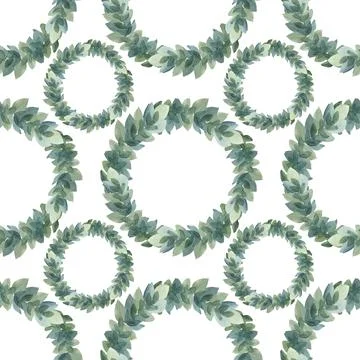 Seamless pattern with watercolor circle frame border template for design. Green Stock Illustration