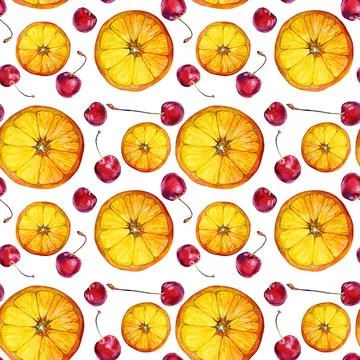Seamless pattern watercolor citrus circle slice orange and red cherry on white Stock Illustration