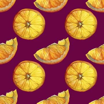 Seamless pattern watercolor citrus fruit orange slice on purple background. Hand Stock Illustration