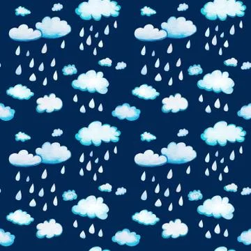 Seamless pattern with watercolor clouds and rain. Stockillustratie