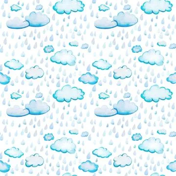 Seamless pattern with watercolor clouds and rain. Stock Illustration