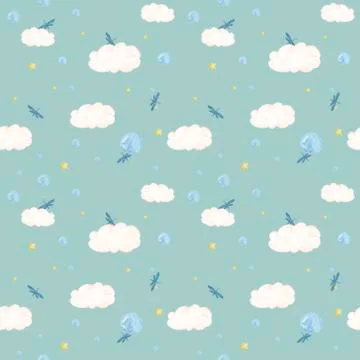 Seamless pattern with watercolor clouds and butterflies on blue background Stock Illustration