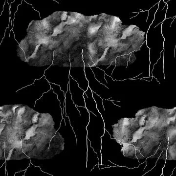 Seamless pattern watercolor clouds thunderstorm lightning black background 스톡 일러스트