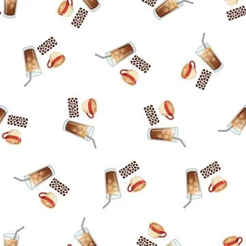 Seamless pattern with watercolor coffee cups and beans on white background. Stock Illustration