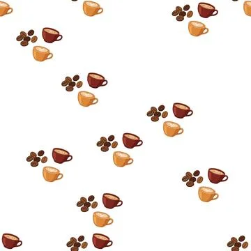 Seamless pattern with watercolor coffee cups and roasted beans on white bac.. Stock Illustration