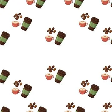 Seamless pattern with watercolor coffee cups and roasted beans on white bac.. Stock Illustration