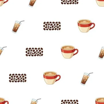Seamless pattern with watercolor coffee cups and roasted coffee beans on wh.. Stock Illustration