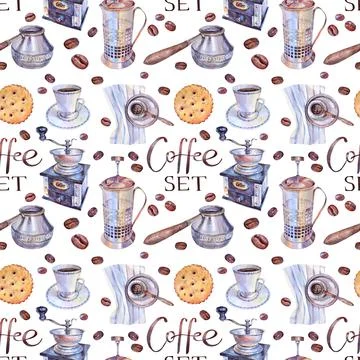 Seamless pattern watercolor coffee grinder mill, french press for aroma beverage Stock Illustration