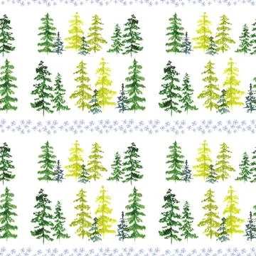 Seamless pattern with watercolor conifer trees and blue snowflakes. To design Stock Illustration