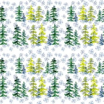 Seamless pattern with watercolor conifer trees and blue snowflakes. To design Stock Illustration