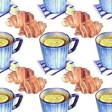 Seamless pattern watercolor cup of tea mug with yellow lemon and sweet croissant Stock Illustration