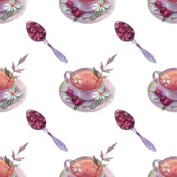 Seamless pattern watercolor cup of tea with chamomile and spoon with red berries Illustrazione stock