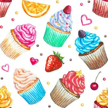 Seamless pattern with watercolor cupcakes. Texture with watercolor cupcakes 스톡 일러스트