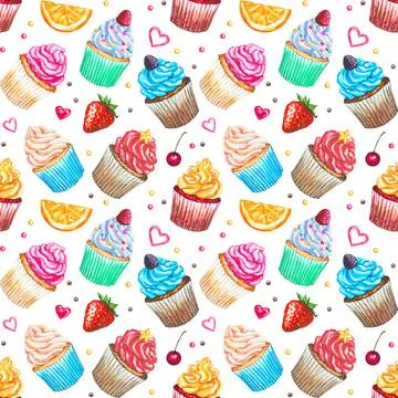 Seamless pattern with watercolor cupcakes. Texture with watercolor cupcakes イラスト素材