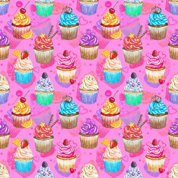 Seamless pattern with watercolor cupcakes. Texture with watercolor cupcakes Stock Illustration
