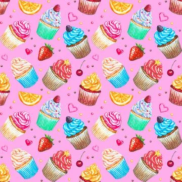 Seamless pattern with watercolor cupcakes. Texture with watercolor cupcakes Stock Illustration