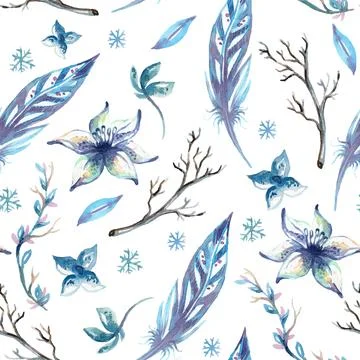 Seamless pattern watercolor different blue plants and feathers Stock Illustration