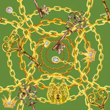 Seamless pattern of watercolor dolden chains, padlock and keys Stock Illustration