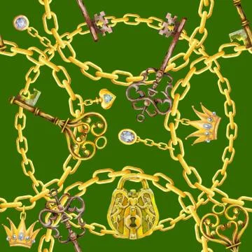 Seamless pattern of watercolor dolden chains, padlock and keys Stockillustratie