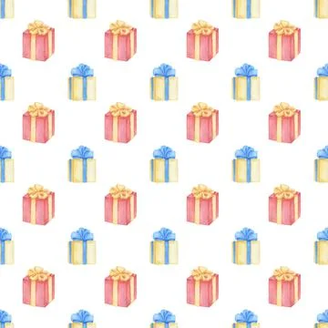 Seamless pattern. Watercolor drawing gift box with bow. Hand drawn illustration Stock Illustration