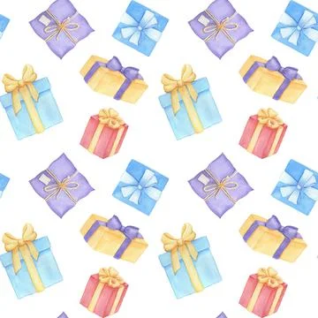 Seamless pattern. Watercolor drawing gift box with bow. Hand drawn illustration Stock Illustration