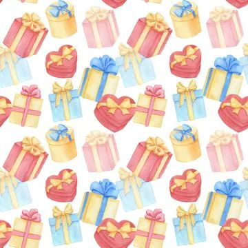 Seamless pattern. Watercolor drawing gift box with bow. Hand drawn illustration Stock Illustration