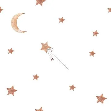 Seamless pattern watercolor drawing month, stars, moon. for delicate children's Stock Illustration