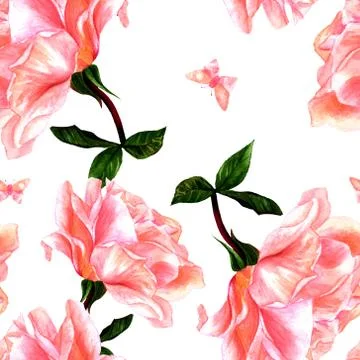 Seamless pattern with watercolor drawing of rose and butterfly Stock Illustration