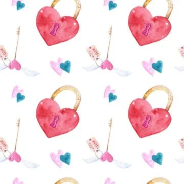 Seamless pattern of Watercolor elements for Valentine's day. Heart, love. Stock Illustration