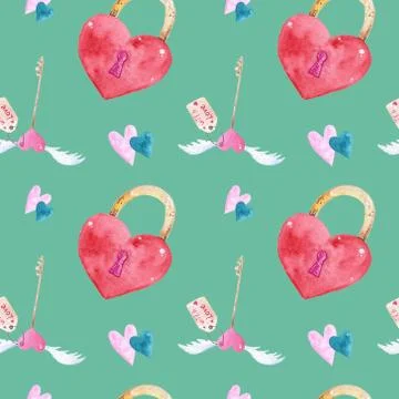 Seamless pattern of Watercolor elements for Valentine's day. Heart, love. Stock Illustration