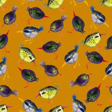 Seamless pattern of watercolor fancy birds on orange background, hand painted Stock Illustration