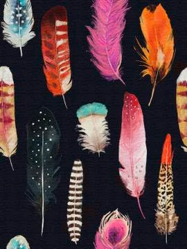Seamless pattern with watercolor feathers Stock Illustration