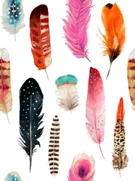 Seamless pattern with watercolor feathers Stock Illustration