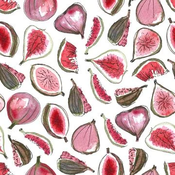 Seamless pattern of watercolor figs hand drawn on white background Illustrazione stock