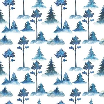 Seamless pattern with watercolor fire trees. Spruces and pines, forest hand Stock Illustration