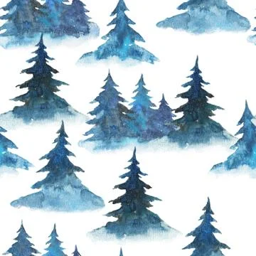 Seamless pattern with watercolor fire trees. Spruces and pines, forest hand Stock Illustration
