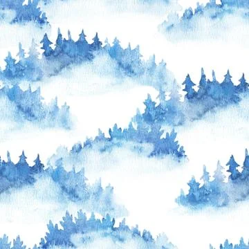 Seamless pattern with watercolor fire trees. Spruces and pines, forest hand Stock Illustration