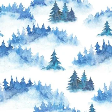 Seamless pattern with watercolor fire trees. Spruces and pines, forest hand 스톡 일러스트