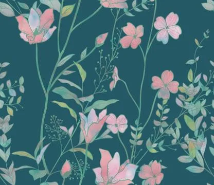 Seamless Pattern with Watercolor Flowers, Branches, Plants Stock Illustration