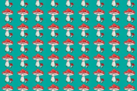 Seamless pattern watercolor Fly agaric on turquoise background. Stock Illustration
