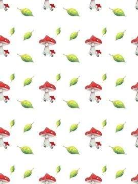 Seamless pattern watercolor Fly agaric and leaves on white background. Stock Illustration