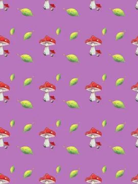 Seamless pattern watercolor Fly agaric and leaves on purple background. Stock Illustration