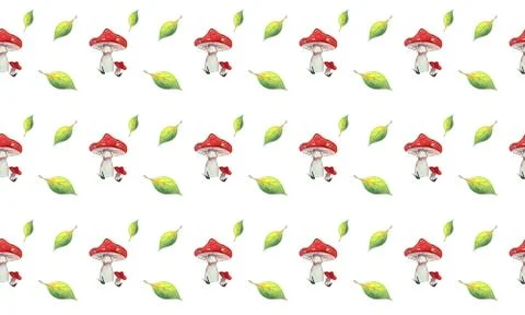 Seamless pattern watercolor Fly agaric and leaves on white background. Stock Illustration